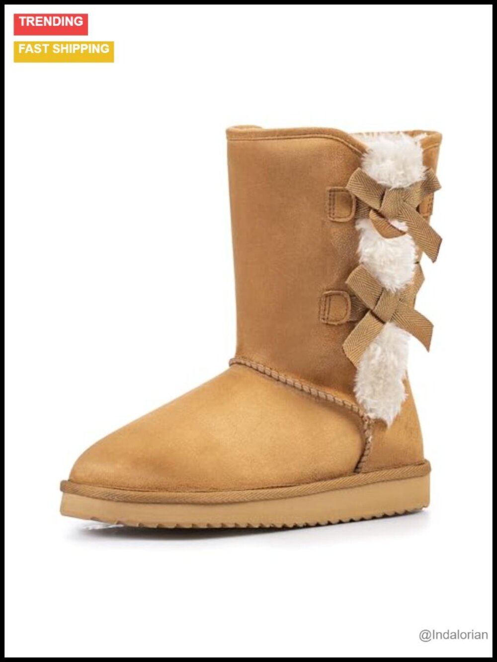 Womens Suede Snow Boots Mid-Calf Winter Shoes with Side Bows Faux Fur Lined